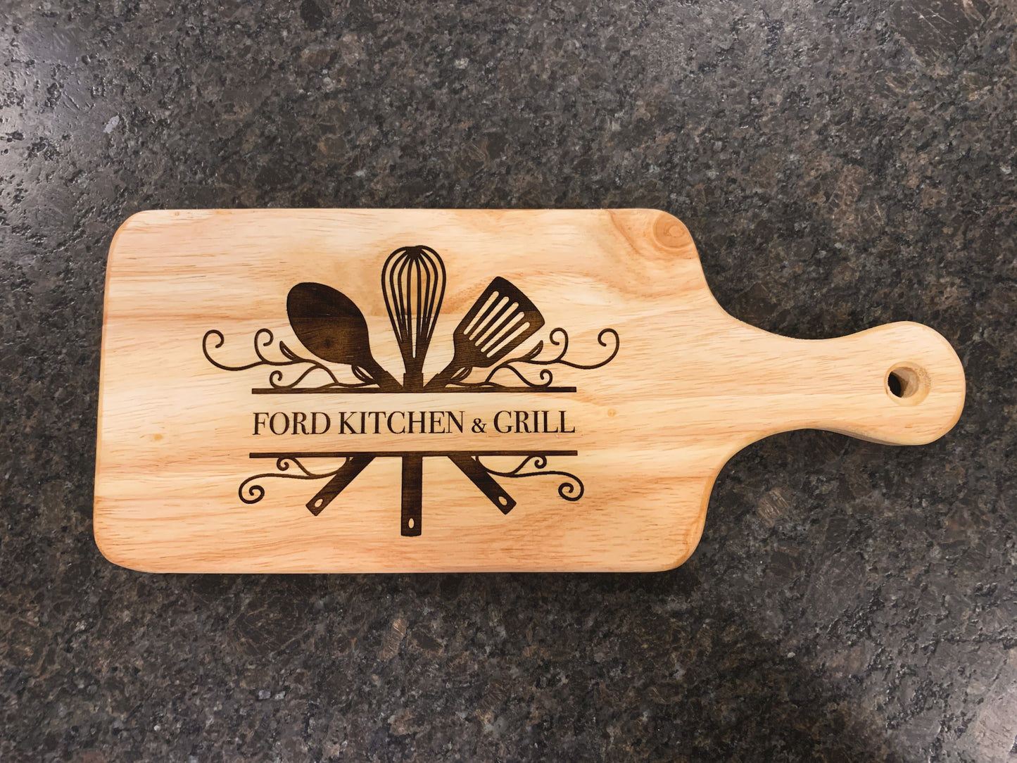 Large 18" Personalized Serving Board with handle, company logo, monogram, chef name and/or kitchen name