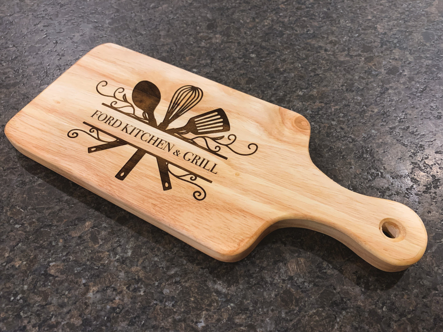 Large 18" Personalized Serving Board with handle, company logo, monogram, chef name and/or kitchen name