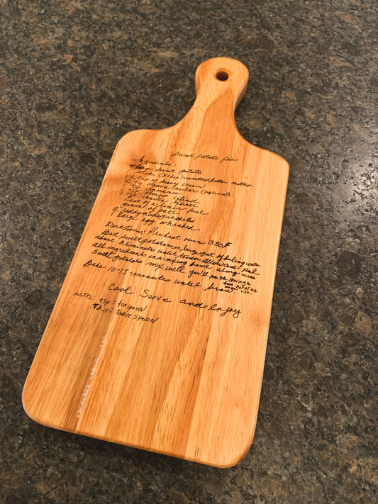 Small 13" Personalized Serving Board with handle, engraved handwritten recipe