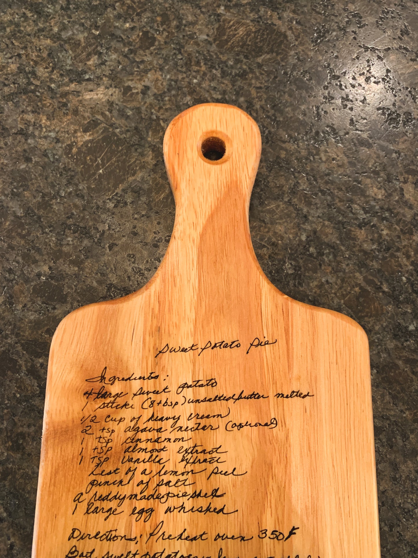 Small 13" Personalized Serving Board with handle, engraved handwritten recipe